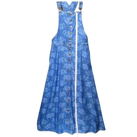 Bib Overalls Skirt Dress Maxi Blue Denim Floral - Picture 8 of 11